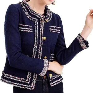 J. Crew Lady Jacket Tweed Blazer Liberty London Floral Trim Navy Blue 00 $198
